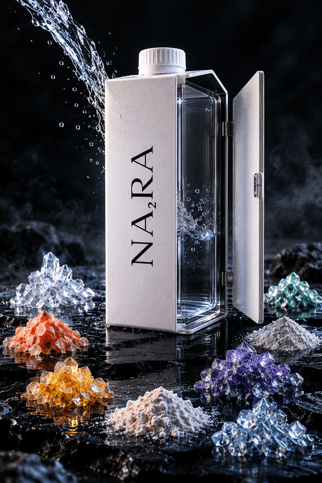 NA₂RA carton opened to reveal water, surrounded by mineral crystals
